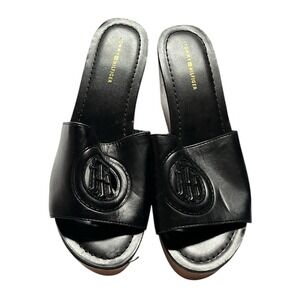 Tommy Hilfiger Womens Shoes Slide Sandals Black Wedge Open Toe Logo Size 9 M